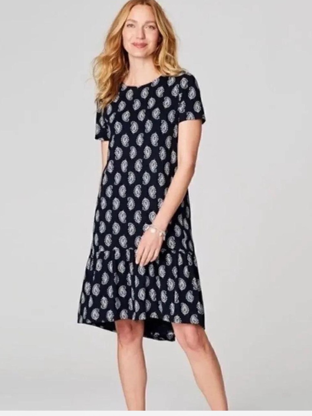 J Jill Short Sleeve Ruffle Hem Midi Dress 2X Navy Blue Paisley Soft Jersey Knit